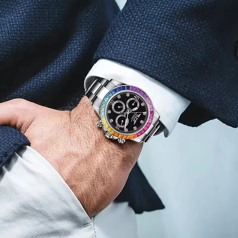 Men Luxury Rainbow Design Fashion Steel Date Multi-functional Diamond Case Diamond Dial Automatic Mechanical Watches